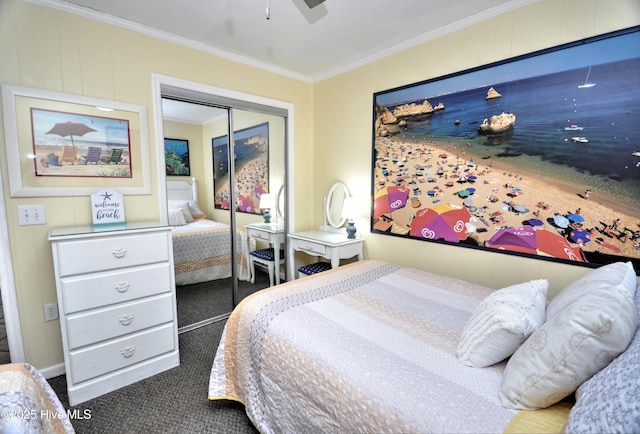 carpeted bedroom featuring crown molding, ceiling fan, and a closet