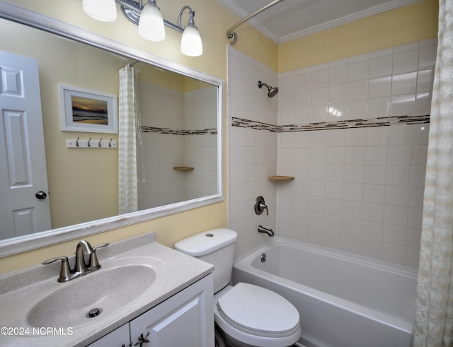 full bathroom with vanity, crown molding, toilet, and shower / tub combo with curtain