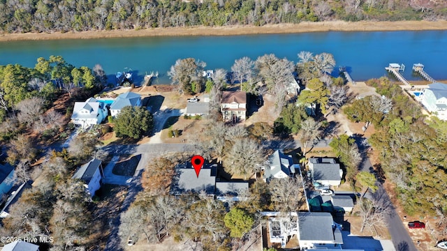 bird's eye view with a water view and a view of trees