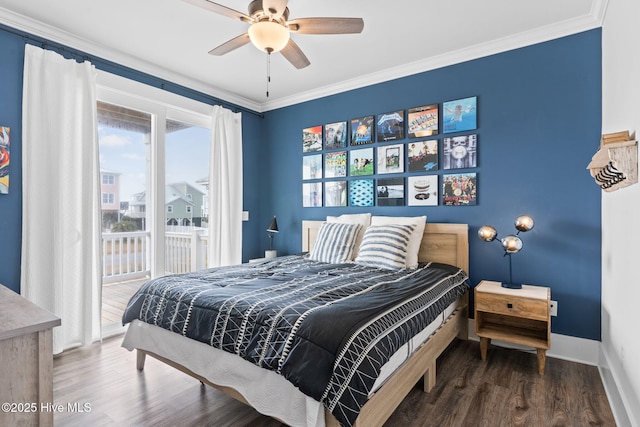 bedroom with ornamental molding, dark hardwood / wood-style floors, access to outside, and ceiling fan