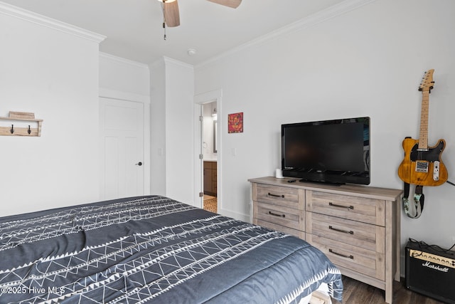 bedroom with ceiling fan, ornamental molding, and dark hardwood / wood-style flooring