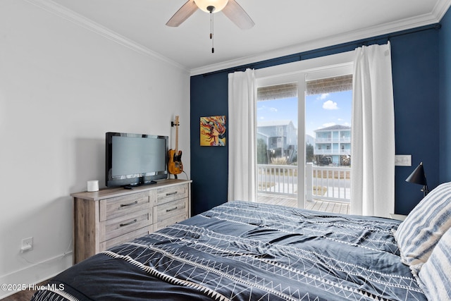 bedroom with crown molding, ceiling fan, and access to outside