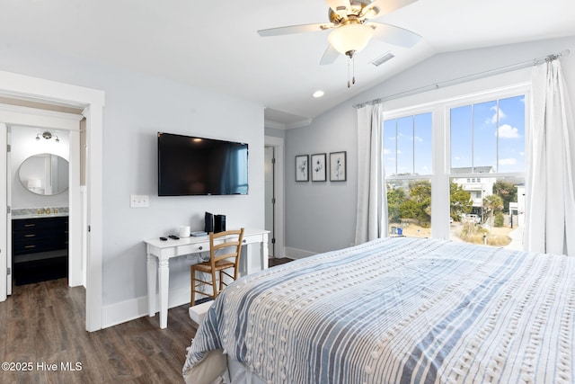 bedroom featuring ceiling fan, lofted ceiling, and dark hardwood / wood-style flooring