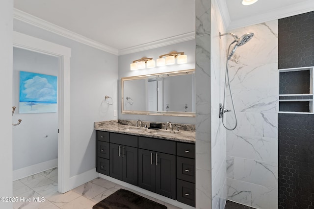 bathroom featuring crown molding, a tile shower, and vanity