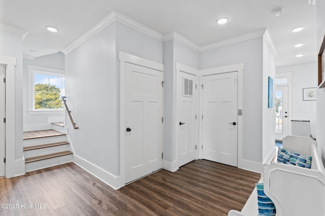 foyer entrance featuring dark wood-type flooring and ornamental molding