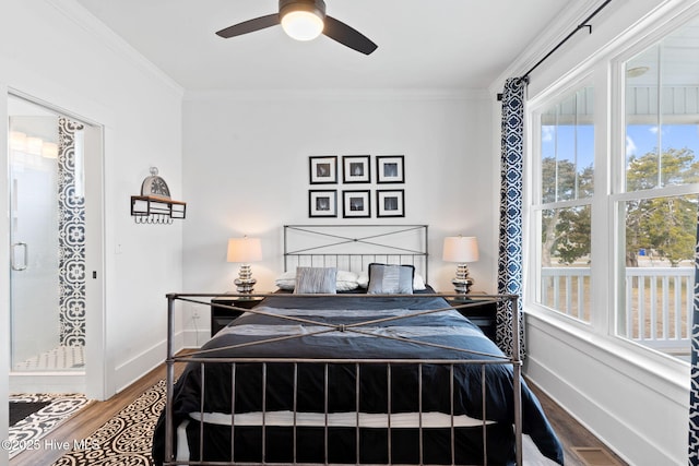 bedroom featuring crown molding, wood-type flooring, and ceiling fan