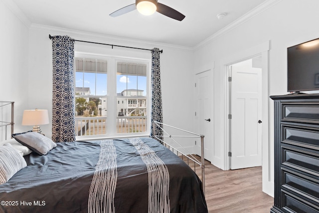 bedroom with ceiling fan, ornamental molding, and light hardwood / wood-style floors