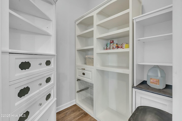 walk in closet with dark hardwood / wood-style flooring