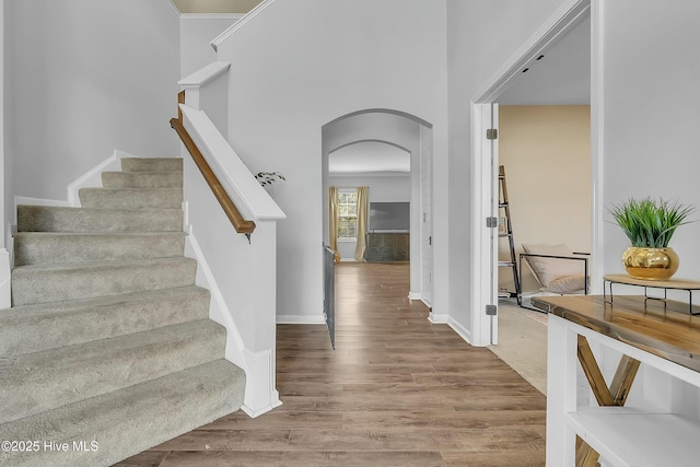 foyer entrance with hardwood / wood-style flooring and a high ceiling