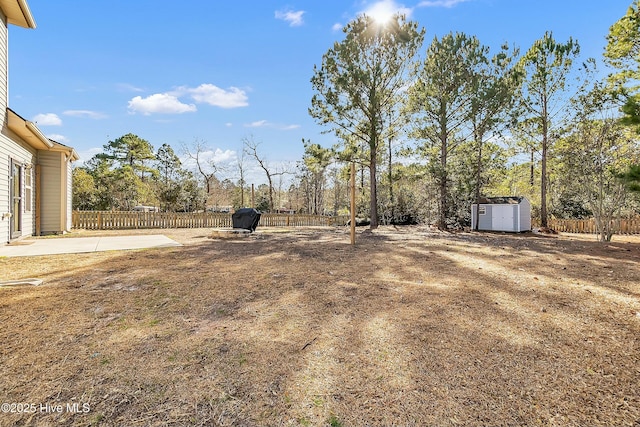 view of yard featuring a shed and a patio area