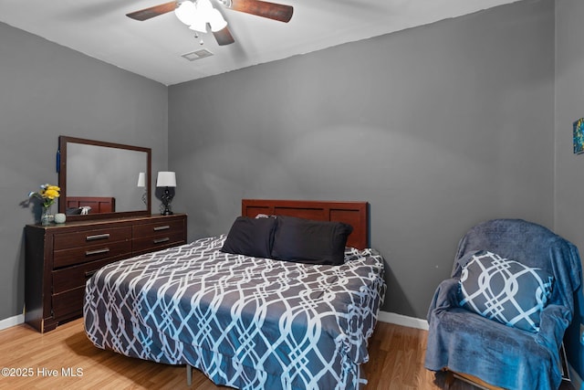 bedroom with ceiling fan and light wood-type flooring