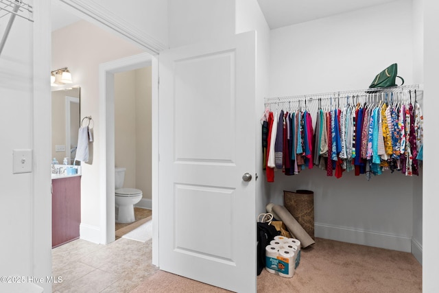 walk in closet with light colored carpet