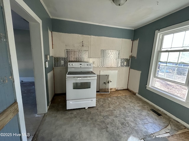 kitchen featuring tasteful backsplash, ornamental molding, and white electric range oven