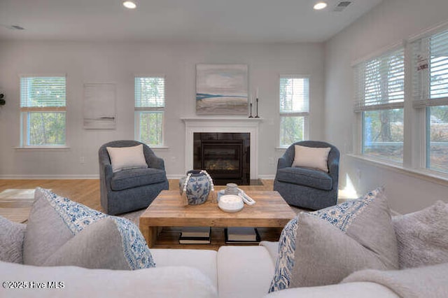 living area featuring baseboards, wood finished floors, a fireplace with flush hearth, and recessed lighting