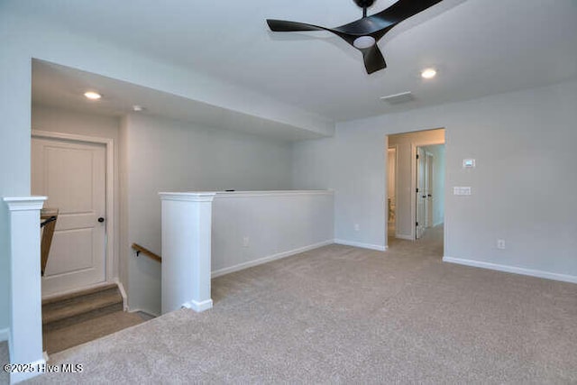 spare room featuring visible vents, baseboards, a ceiling fan, carpet, and recessed lighting