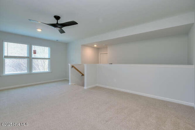 unfurnished room featuring carpet, baseboards, ceiling fan, and recessed lighting