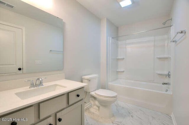 bathroom featuring marble finish floor, shower / bath combination, visible vents, toilet, and vanity