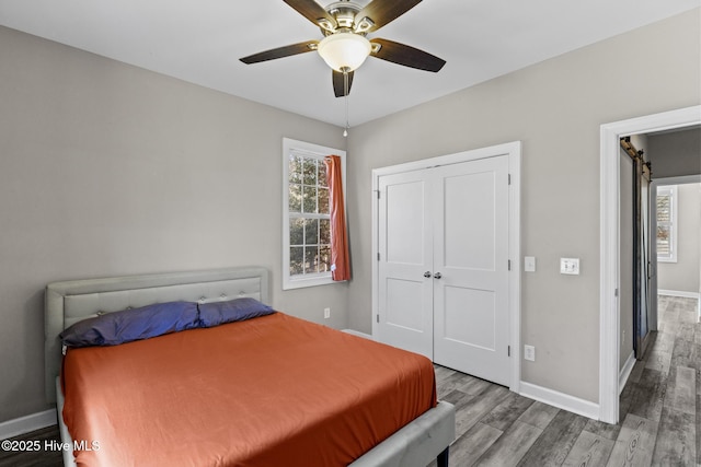 bedroom featuring ceiling fan, wood-type flooring, and a closet