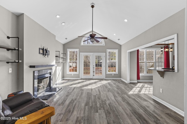 living room featuring lofted ceiling, wood-type flooring, a premium fireplace, and french doors