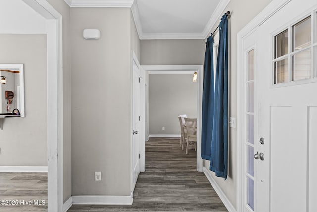 hall with crown molding and dark wood-type flooring