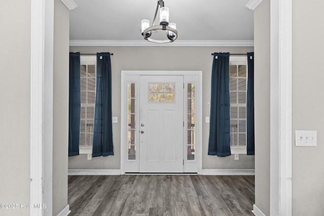 entryway with a notable chandelier, crown molding, and dark hardwood / wood-style floors