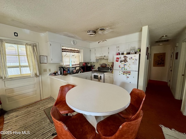 kitchen featuring white refrigerator, white cabinetry, a healthy amount of sunlight, and electric stove