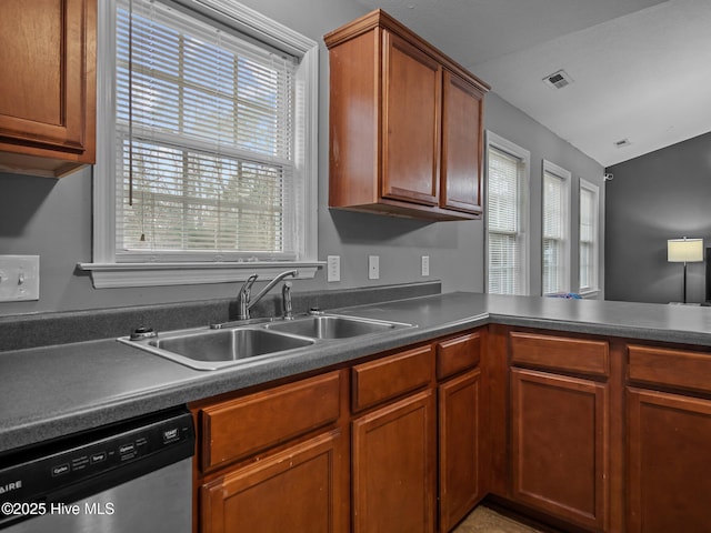 kitchen with lofted ceiling, sink, and stainless steel dishwasher