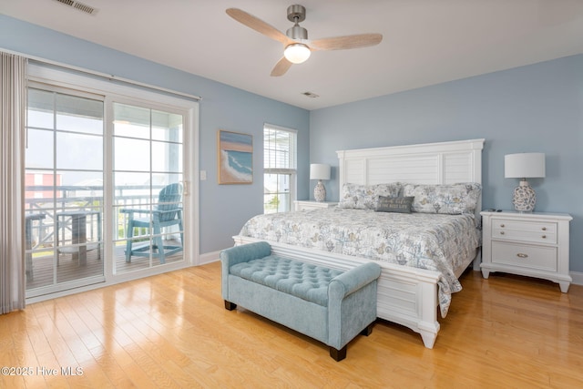 bedroom with ceiling fan, access to outside, and light hardwood / wood-style floors