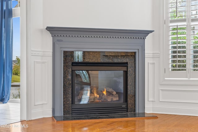 details with hardwood / wood-style flooring and a premium fireplace