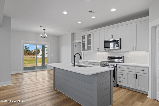 kitchen featuring a center island with sink, light wood-style flooring, a sink, stainless steel appliances, and backsplash