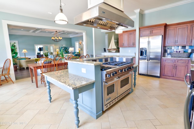 kitchen featuring pendant lighting, range hood, a notable chandelier, stainless steel appliances, and crown molding