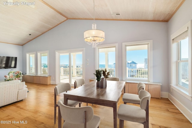 dining room with vaulted ceiling, a chandelier, ornamental molding, wooden ceiling, and light hardwood / wood-style flooring