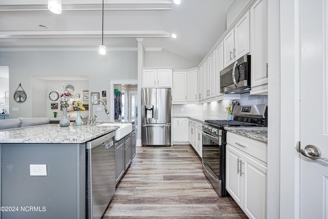 kitchen featuring wood finished floors, a sink, white cabinetry, appliances with stainless steel finishes, and decorative backsplash