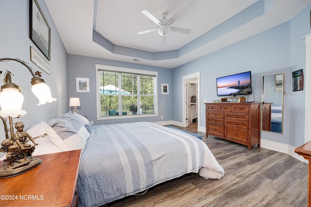 bedroom featuring baseboards, a raised ceiling, a ceiling fan, wood finished floors, and a walk in closet