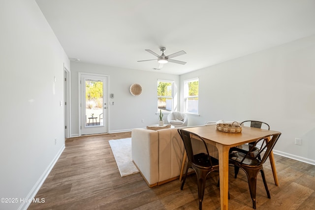 dining area featuring a ceiling fan, plenty of natural light, baseboards, and wood finished floors