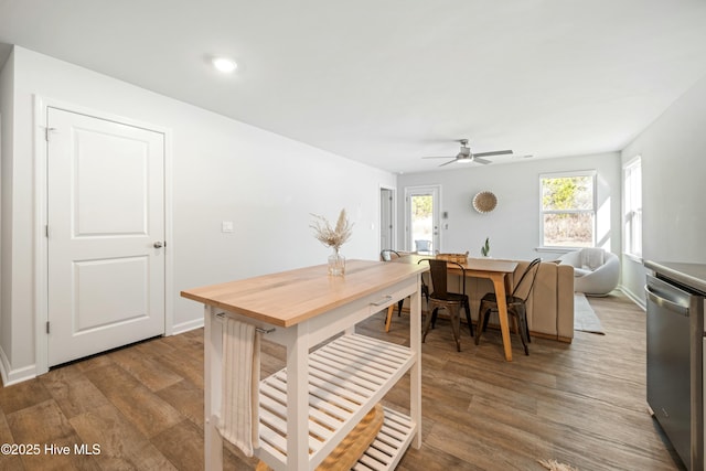 kitchen with baseboards, dishwasher, and wood finished floors