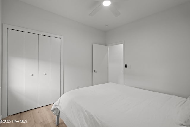 bedroom featuring ceiling fan, light wood-type flooring, and a closet