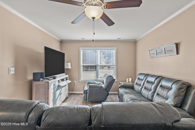 living room with ornamental molding, ceiling fan, and light wood-type flooring