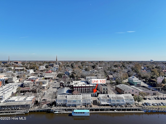 birds eye view of property featuring a water view