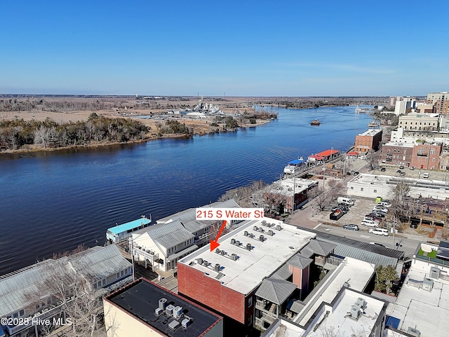 birds eye view of property featuring a water view