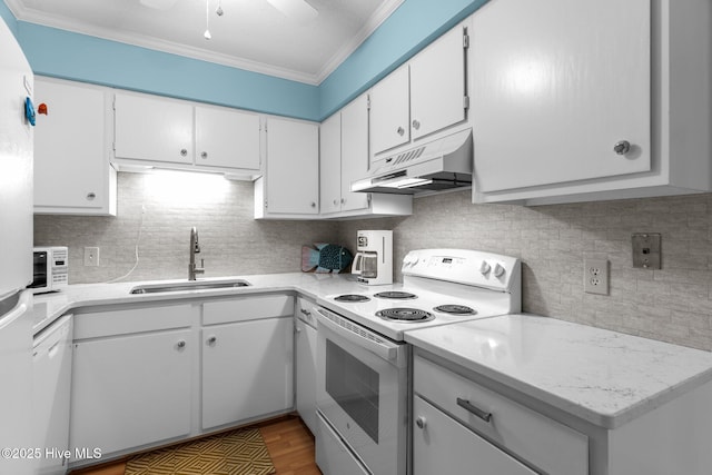 kitchen with sink, white cabinets, decorative backsplash, ornamental molding, and electric stove