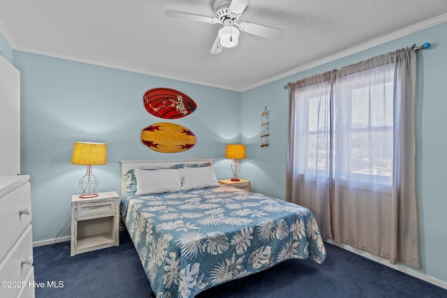 carpeted bedroom with ornamental molding, ceiling fan, and a textured ceiling