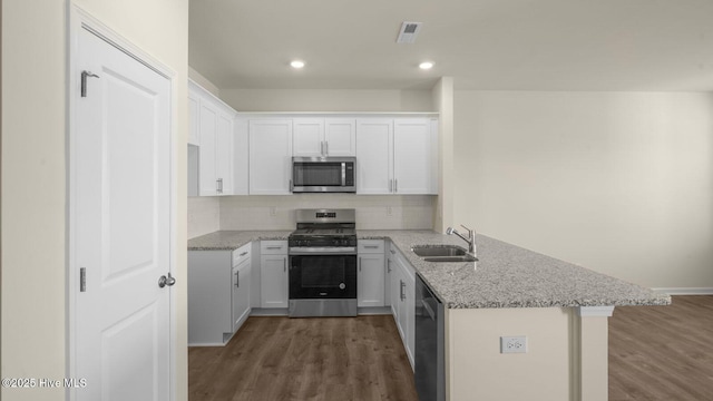 kitchen featuring light stone counters, stainless steel appliances, a peninsula, a sink, and backsplash