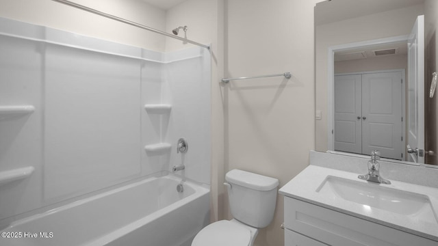 full bath with toilet, shower / washtub combination, visible vents, and vanity