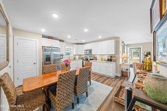 dining room featuring sink, a wealth of natural light, and dark hardwood / wood-style floors