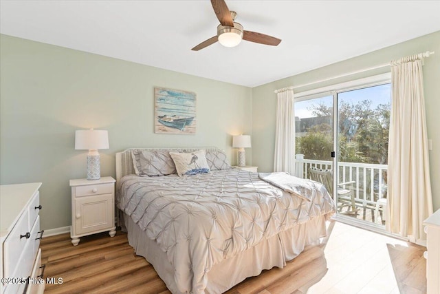 bedroom featuring ceiling fan, access to exterior, and light hardwood / wood-style floors