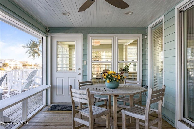 sunroom featuring wooden ceiling and ceiling fan