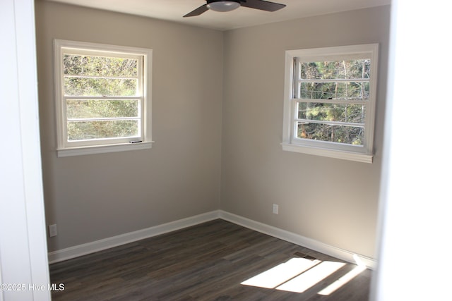 empty room with ceiling fan and dark hardwood / wood-style flooring