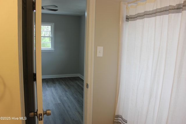 hallway with dark hardwood / wood-style flooring