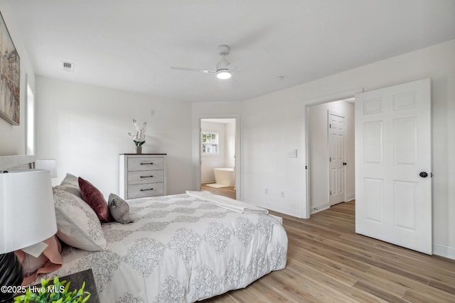 bedroom with ceiling fan and light wood-type flooring